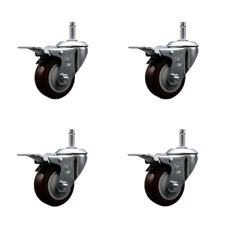 Service Caster 3'' Maroon Poly Swivel 7/16'' Stem Caster Set with Total Lock Brake, 4PK SCC-GRTTL20S314-PPUB-MRN-716138-4
